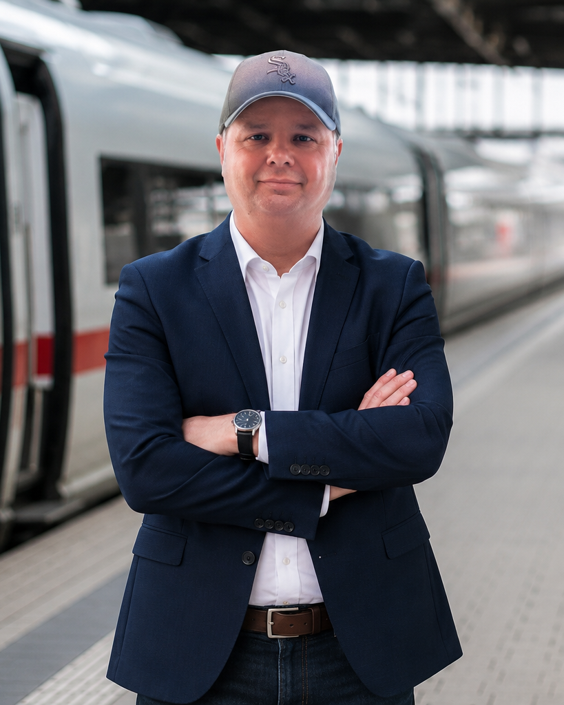 Gründer von TechBahn auf einem Bahnsteig vor einem ICE-Zug