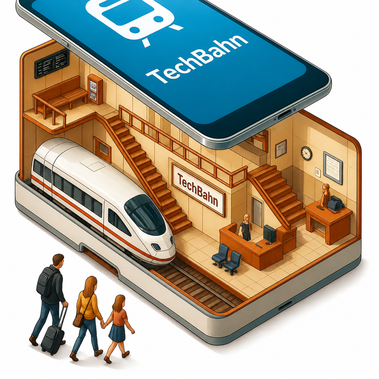 Isometrische Illustration: Smartphone mit TechBahn-Logo öffnet sich zu einem Bahnsteig mit Zug und TechBahn-Schild